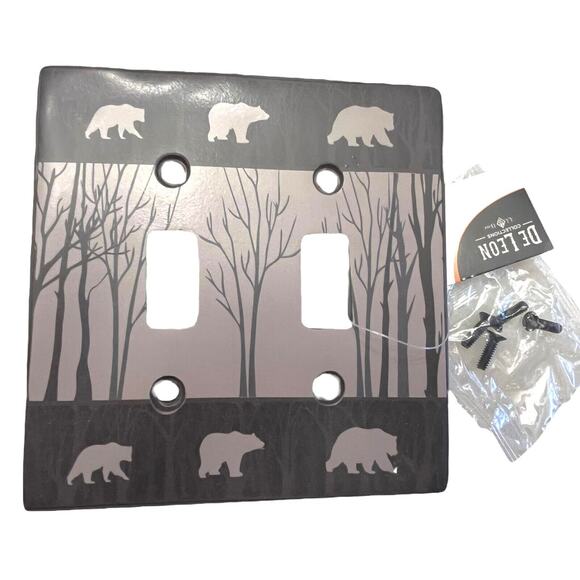 Bear Trees Double Light Switch Cover Cabin Lodge 2 Flip Switches Screws Gray New - Picture 3 of 3